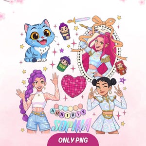 Pode incluir: Ilustra&ccedil;&atilde;o digital colorida com personagens de desenhos animados, um gato azul e o texto "HUNTRIX SOPHIA ONLY PNG". A imagem inclui uma bola de discoteca em forma de cora&ccedil;&atilde;o, estrelas e personagens femininas.