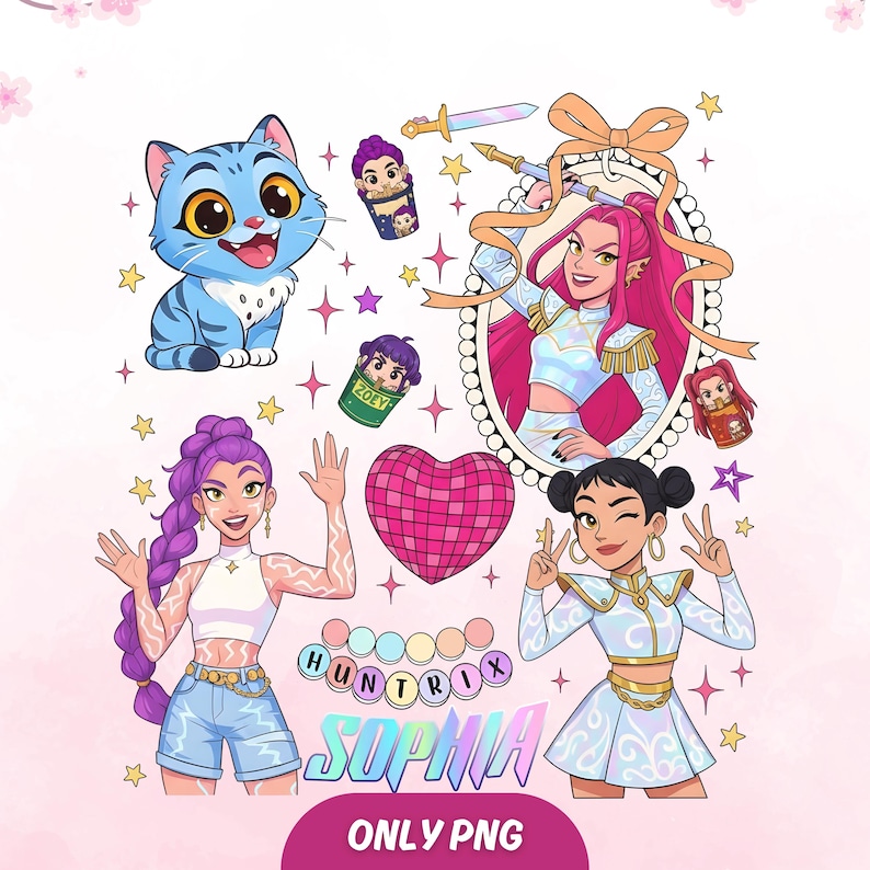 Pode incluir: Ilustra&ccedil;&atilde;o digital colorida com personagens de desenhos animados, um gato azul e o texto "HUNTRIX SOPHIA ONLY PNG". A imagem inclui uma bola de discoteca em forma de cora&ccedil;&atilde;o, estrelas e personagens femininas.