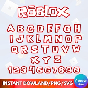 May include: A digital graphic featuring the Roblox logo in red outline, followed by the complete alphabet from A to Z and numbers 0 through 9 in the same stylized red font. The text at the bottom reads INSTANT DOWLAND/PNG/SVG.