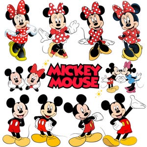 Puede incluir: Una colección de ilustraciones de los personajes de Disney Mickey Mouse y Minnie Mouse en varias poses. Minnie viste un vestido rojo de lunares y un lazo, mientras que Mickey usa pantalones cortos rojos y zapatos amarillos. El texto MICKEY MOUSE es rojo.