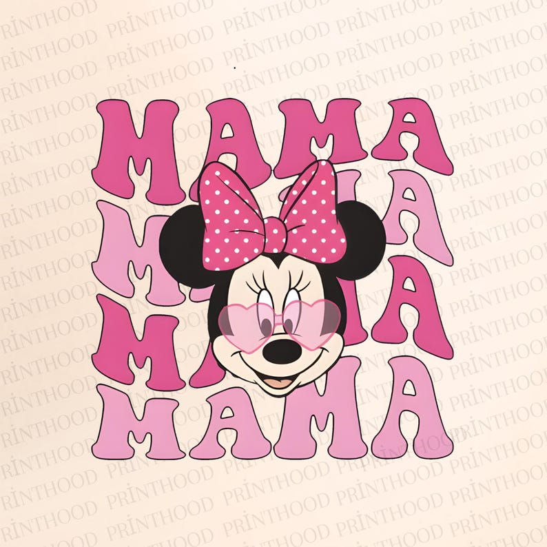 K&ouml;nnte beinhalten: Rosa Grafikdesign mit Minnie Mouse, die eine herzf&ouml;rmige Sonnenbrille und eine gepunktete Schleife tr&auml;gt. Das Wort "MAMA" wird in einer Retro-Schrift wiederholt, wodurch ein lustiges und stilvolles Design entsteht.