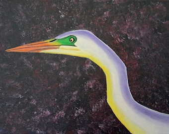 Dipinto originale acrilico su tela raffigurante un airone bianco (30x23 cm)