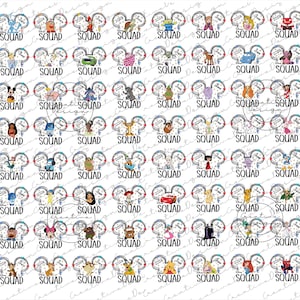 May include: A collection of mouse ear designs featuring various Disney characters. Each design includes the word "SQUAD" and the year "2023". The ears are decorated with different characters and themes, perfect for Disney fans.