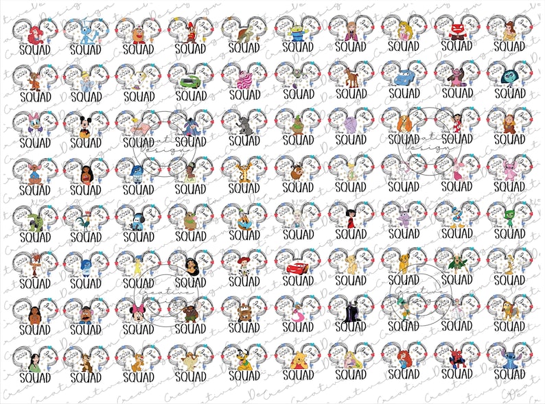 May include: A collection of mouse ear designs featuring various Disney characters. Each design includes the word "SQUAD" and the year "2023". The ears are decorated with different characters and themes, perfect for Disney fans.
