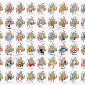 May include: A collection of colorful digital illustrations featuring various cartoon characters, each with the name "Jessie" and "Jordan" written below. The characters include Disney figures and other animated icons.