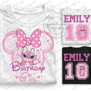May include: White t-shirt with a pink graphic featuring a cartoon character, a polka-dot bow, and the text "Birthday Girl." Additional shirts in pink and black display the name "EMILY" and the number "10."