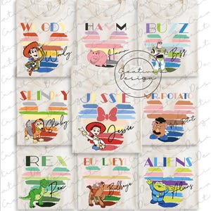May include: Off-white t-shirts featuring various Toy Story characters, including Woody, Hamm, Buzz, Slinky, Jessie, Mr. Potato Head, Rex, Bullseye, and Aliens. Each shirt has a character name and image within a colorful, Mickey Mouse-shaped design.