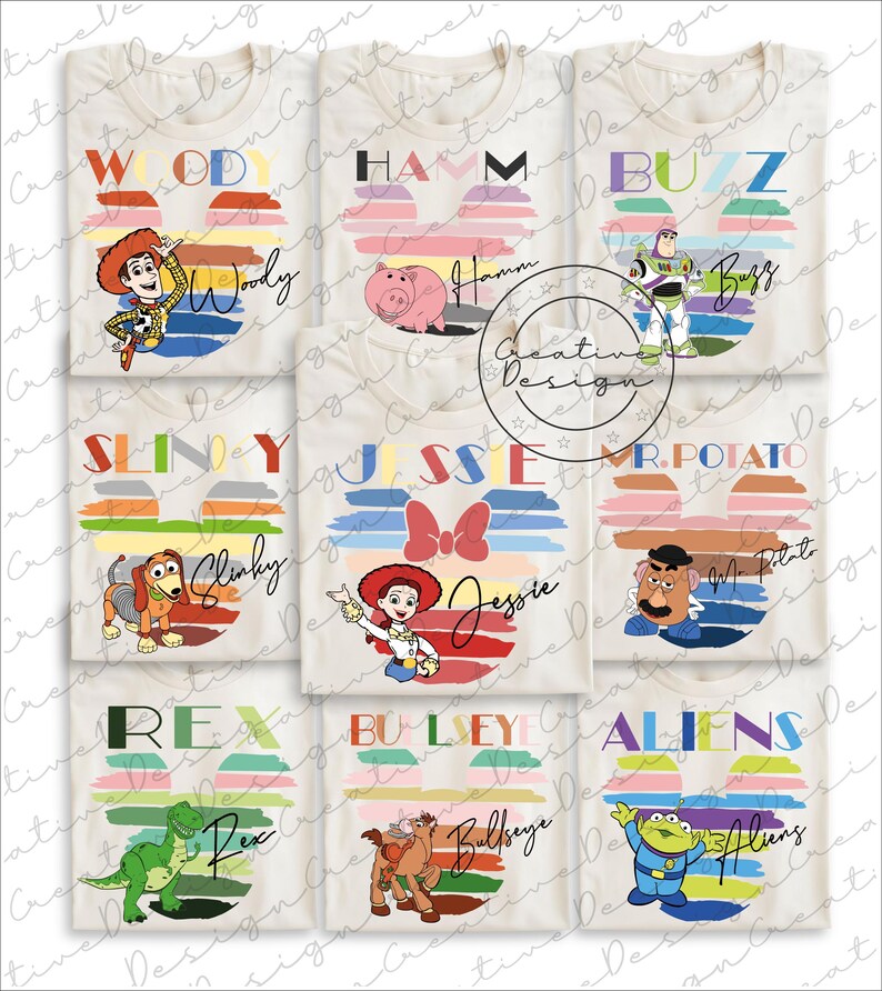 May include: Off-white t-shirts featuring various Toy Story characters, including Woody, Hamm, Buzz, Slinky, Jessie, Mr. Potato Head, Rex, Bullseye, and Aliens. Each shirt has a character name and image within a colorful, Mickey Mouse-shaped design.
