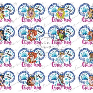 May include: A collection of Disney-themed cruise designs. Each design features a princess wearing sunglasses and a sailor hat, with the name "Jane" and the words "Cruise Crew". The designs are in a Mickey Mouse ear shape with a ship and anchor.