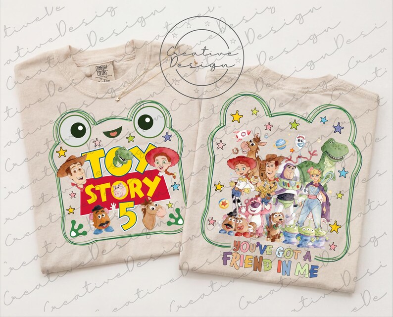 May include: Two beige t-shirts featuring Toy Story graphics. The left shirt displays a frog outline, the text "TOY STORY 5," and various characters. The right shirt shows a group of animated characters and the text "YOU'VE GOT A FRIEND IN ME."