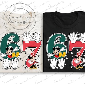 May include: Two t-shirts, one cream and one black, featuring a colorful graphic design. The design includes the numbers 6 and 7, with Mickey and Minnie Mouse characters. The number 6 is green, and the number 7 is red. The design also includes white gloved hands.