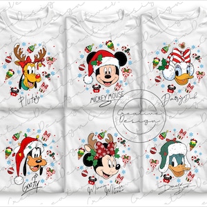 May include: White t-shirts featuring Disney characters Pluto, Mickey Mouse, Daisy Duck, Goofy, Minnie Mouse, and Donald Duck in festive Christmas designs. Each shirt has a character's face with holiday decorations, snowflakes, and candy canes.