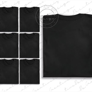 Könnte beinhalten: Sieben schwarze T-Shirts, ordentlich gefaltet. Sechs Shirts sind in einem Raster angeordnet, das siebte wird separat präsentiert. Die Shirts haben einen klassischen Rundhalsausschnitt. Der Hintergrund hat ein dekoratives Muster.