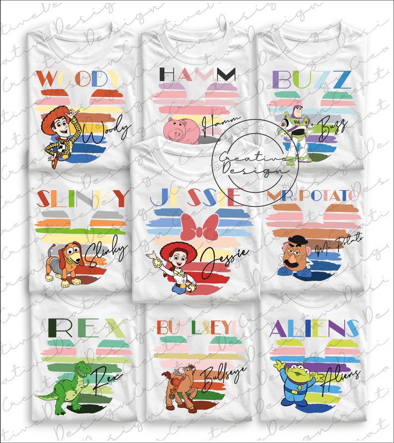 May include: White t-shirts featuring various Toy Story characters like Woody, Buzz, and Jessie. Each shirt has a character's name and image within a Mickey Mouse-shaped design with colorful stripes. A fun and playful design.