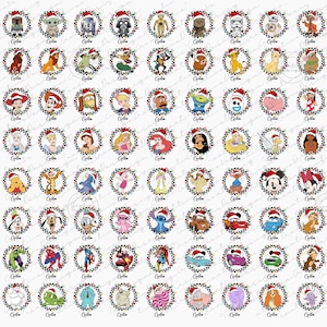 May include: A collection of circular Christmas ornaments featuring various cartoon characters wearing Santa hats. Each ornament is framed by a black and white checkered border and a string of colorful lights. The ornaments showcase characters from popular movies and television shows.