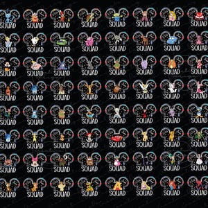 May include: Black background with numerous designs featuring Disney characters within Mickey Mouse ear silhouettes. Each design includes the word "SQUAD" in white text, creating a themed collection.