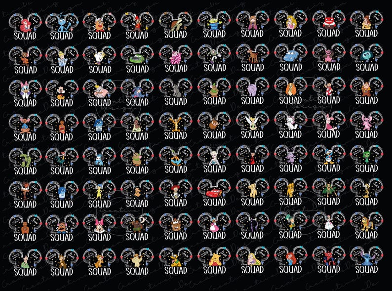 May include: Black background with numerous designs featuring Disney characters within Mickey Mouse ear silhouettes. Each design includes the word "SQUAD" in white text, creating a themed collection.