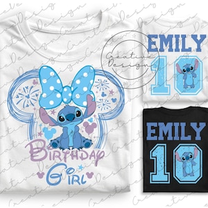 May include: White t-shirt featuring a blue cartoon character with a polka-dot bow, surrounded by a blue and purple design. The text "Birthday Girl" is also visible. Additional shirts with the name "Emily" and the number "10" are also shown.