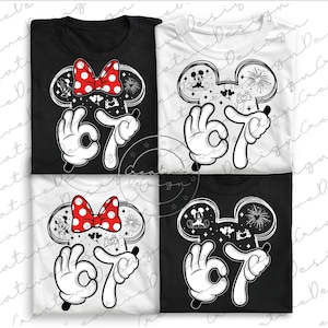 May include: Four t-shirts, two black and two white, each featuring a Mickey Mouse-inspired design. The design includes a bow, fireworks, and the number 67. The shirts are likely for a birthday or special occasion.