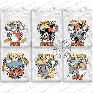May include: White t-shirts featuring cartoon characters Daisy Duck, Mickey Mouse, Minnie Mouse, Goofy, Pluto, and Donald Duck. Each shirt has a character name and image within a Mickey Mouse ear design with a checkered pattern.