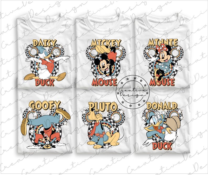 May include: White t-shirts featuring cartoon characters Daisy Duck, Mickey Mouse, Minnie Mouse, Goofy, Pluto, and Donald Duck. Each shirt has a character name and image within a Mickey Mouse ear design with a checkered pattern.