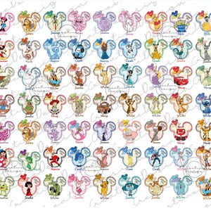 May include: A selection of embroidered Mickey Mouse ear designs, each depicting a different Disney character. The ears are in various colours and styles, with character names and the text "Creative Design" visible.