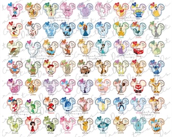 May include: A collection of embroidered Mickey Mouse ear designs, each featuring a different Disney character. The ears are in various colors and styles, with character names and the text "Creative Design" visible.