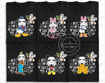 May include: Black t-shirts featuring Star Wars-themed designs with Disney characters. Each shirt displays a different character, including Donald Duck, Minnie Mouse, Daisy Duck, Goofy, Mickey Mouse, and Pluto, all wearing Stormtrooper helmets. The Star Wars logo is also visible.