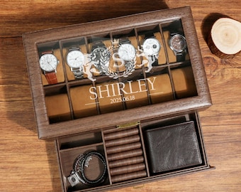 TWO Layers 12 Slot Personalized Men's Watch Box | with Drawer Watch Display Case for 12 Watches |Grain Leather watch box|Anniversary for Him