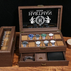 Double layer 12 and 6 slots personalized men&#39;s watch box | Watch display box with drawers, can hold 12 watches | Grained leather watch box