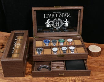 Double layer 12 and 6 slots personalized men's watch box | Watch display box with drawers, can hold 12 watches | Grained leather watch box