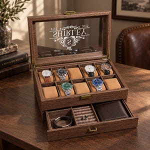 Personalized Watch Box for Men, Engraved Wooden Watch Organizer with Jewelry Drawer, Christmas Gift for Husband, Dad, Boyfriend