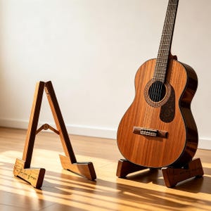 May include: Acoustic guitar with a wooden stand. The guitar has a brown finish with a dark pickguard and soundhole. The stand is made of wood and has the text "For the love of music" and "You are my sunshine" engraved on it.