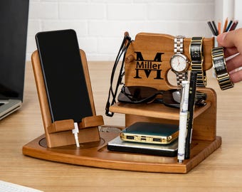 Personalized Wooden Docking Station, Engraved Nightstand Organizer for Men, Phone Watch Wallet Holder, Gift for Dad Husband Boyfriend