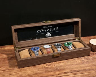 Personalized Watch Box - Holds 6 Watches, Watch Organizer, Watch Storage, Custom, Christmas gift, Dad gift, Man gifs,Anniversary for Him