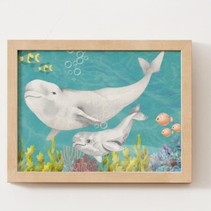 Beluga Whale Mom & Baby Print | Underwater Nursery Art | Ocean Wall Decor | Digital Download | Coastal Baby Room Printable