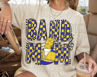 Mamma della banda blu e gialla PNG Disegno a scacchi disegnato a mano Mamma della banda Design per sublimazione Disegni per magliette per il giorno della partita della banda Download digitale per la mamma della banda musicale