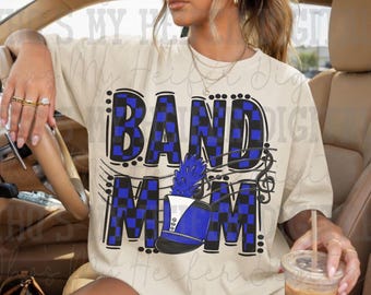 Blue and Black Band Mom PNG Hand Drawn Checkered Band Mama Sublimation Design Band Game Day Shirt Design Marching Band Mom Digital Download