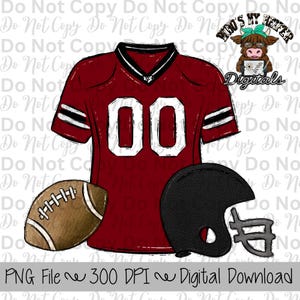 Garnet and Black Football Trio PNG Hand Drawn Football, Jersey, & Helmet Sublimation Design Boy Game Day Shirt Design Football Gear Clipart