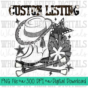 Custom Drill Team PNG Hand Drawn Pompoms, Drill Hat, & Baton Twirler Sublimation Design Custom Band Game Day Shirt Design Drill Team Boots