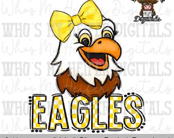 Yellow & White Eagles PNG Hand Drawn Eagle with Bow Sublimation PNG Game Day Shirt Design School Spirit PNG Checkered Eagle Doodle Art