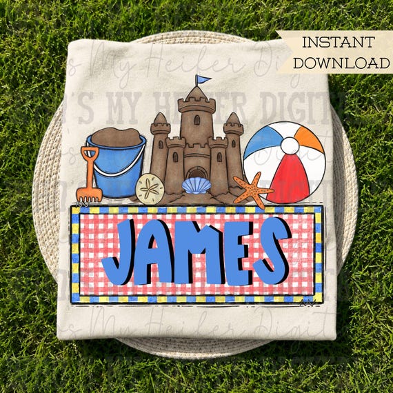 Whimsical Beach Toy Trio with Name Block Sublimation PNG Hand Drawn Sand Castle with Bucket & Ball PNG Kids Shirt Design Summer Doodle Art