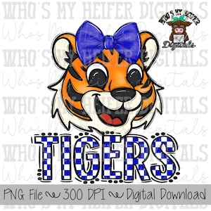 Blue & White Tiger PNG Hand Drawn Tiger with Bow Sublimation PNG Game Day Shirt Designs School Spirit PNG Checkered Tiger Digital Download