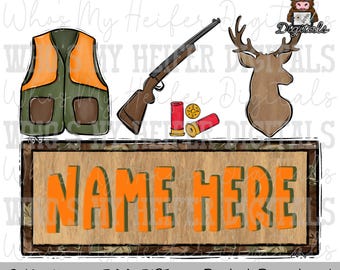 Bloque de nombre de caza de ciervos Sublimación PNG Chaleco de cazador dibujado a mano y archivo PNG Buck Diseño de camiseta de caza para niño Arte de doodle de camuflaje para niños Buck