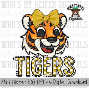 Gold & White Tiger PNG Hand Drawn Tiger with Bow Sublimation PNG Game Day Shirt Designs School Spirit PNG Checkered Tiger Kid Mascot Doodle