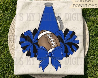Blaue und schwarze Fußball-Cheerleader-PNG-Datei, handgezeichnete Fußball-Pompons und Cheerleader-Schleifen, Sublimationsdesign, Mädchen-Spieltags-Shirt-Design, Cheerleader-Clipart