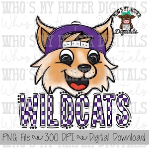 Purple & White Wildcat PNG Hand Drawn Wildcat with Hat Sublimation PNG Game Day Shirt Design School Spirit PNG Checkered Wildcats Doodle Art