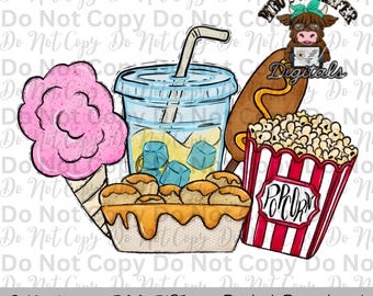 Carnival Snacks Sublimation Design Hand Drawn Fair Food PNG Kids Fair Sublimation Shirt Design State Fair PNG File Pink Cotton Candy Clipart