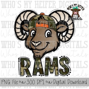 May include: A digital illustration of a brown ram head wearing a camouflage baseball cap with orange accents. The ram has large curved horns and a smiling expression. Below the head, the word RAMS is written in a bold, camouflage-patterned font.