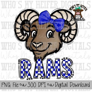 Blue & White Rams PNG Hand Drawn Ram with Bow Sublimation PNG Game Day Shirt Designs School Spirit PNG Checkered Rams Doodle Art